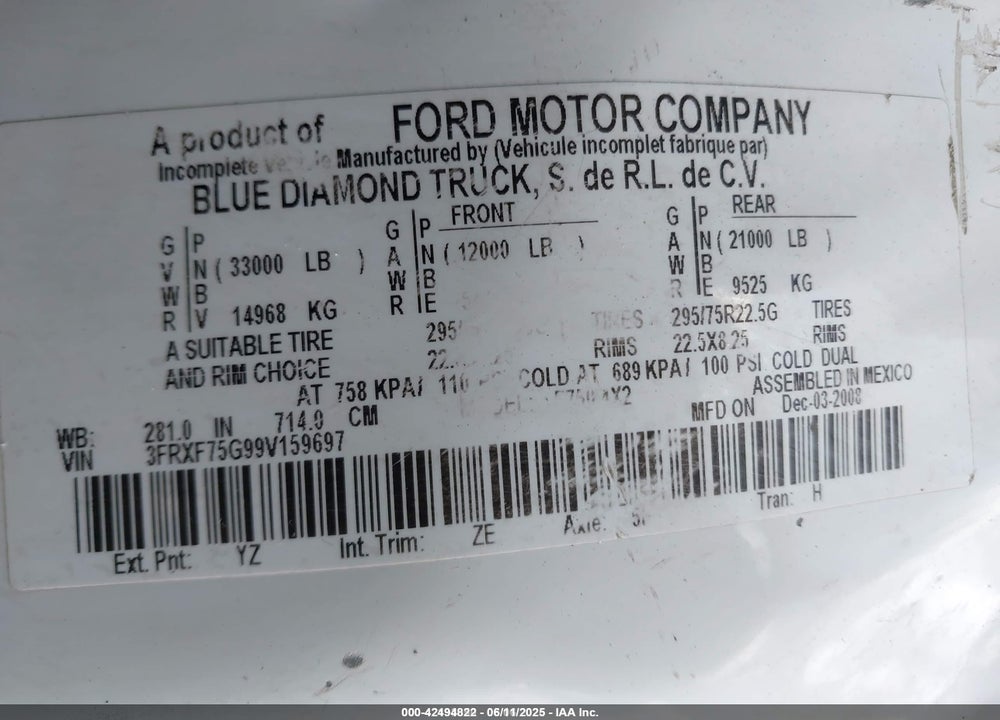 2009 FORD F-750 VIN: 3FRXF75G99V159697
