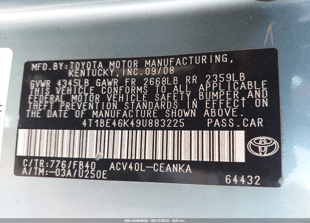 2009 TOYOTA CAMRY VIN: 4T1BE46K49U883225