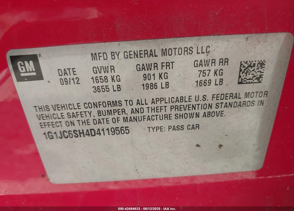 2013 CHEVROLET SONIC LT AUTO VIN: 1G1JC6SH4D4119565