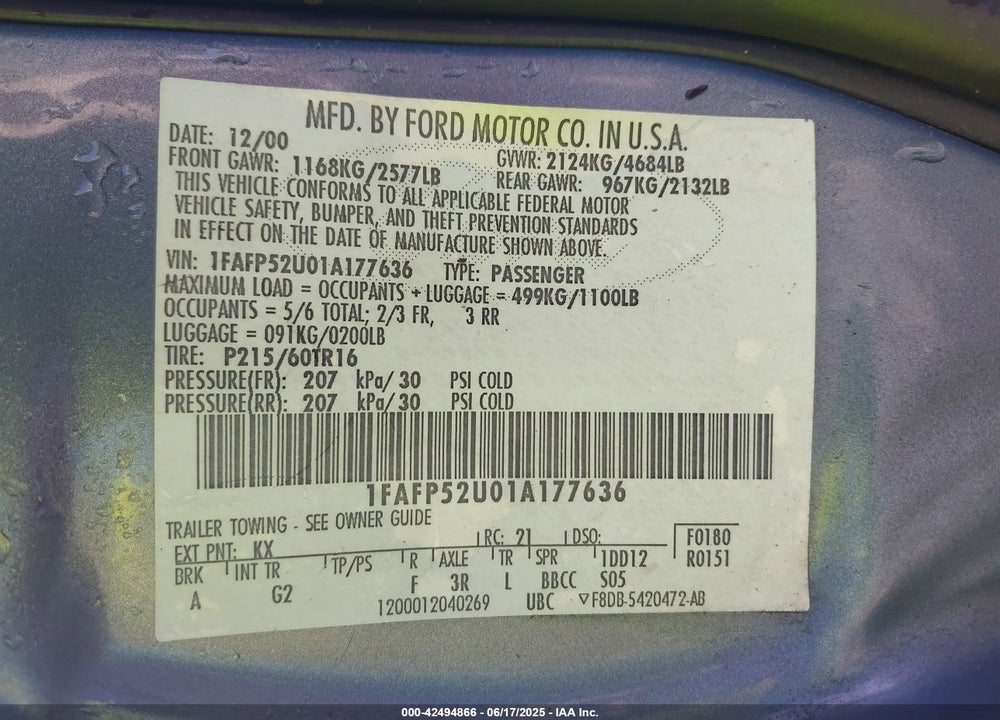 2001 FORD TAURUS LX VIN: 1FAFP52U01A177636