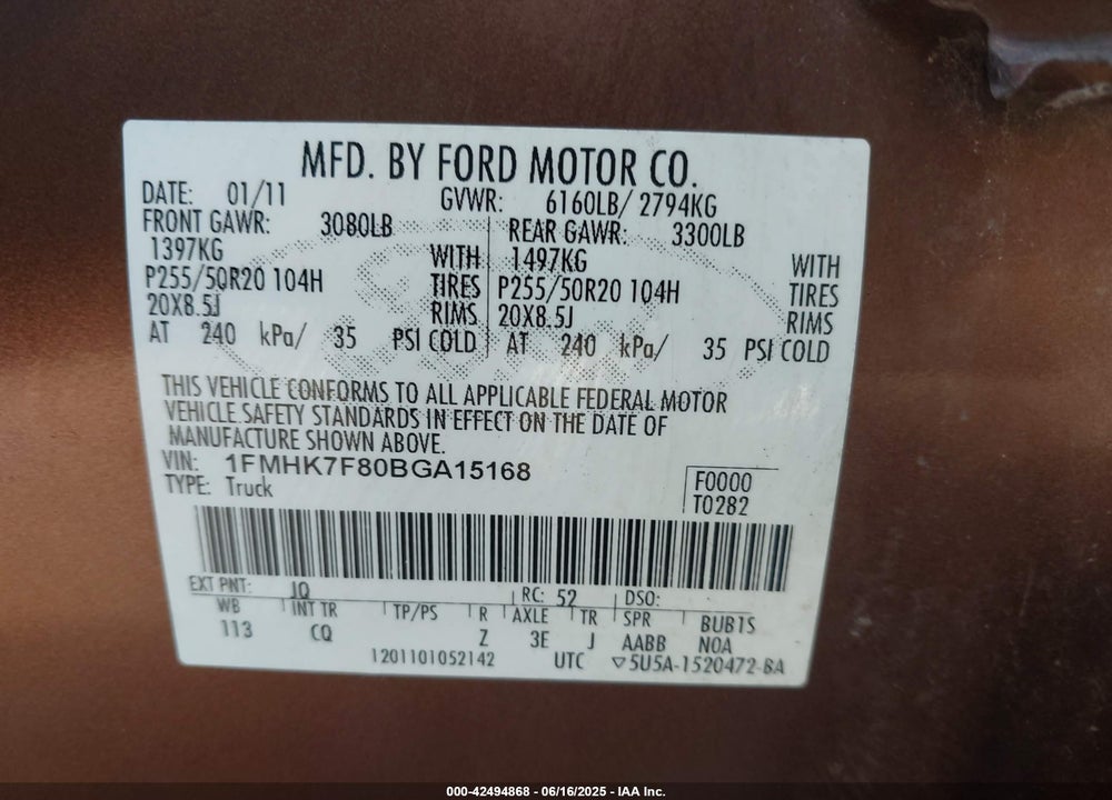 2011 FORD EXPLORER VIN: 1FMHK7F80BGA15168