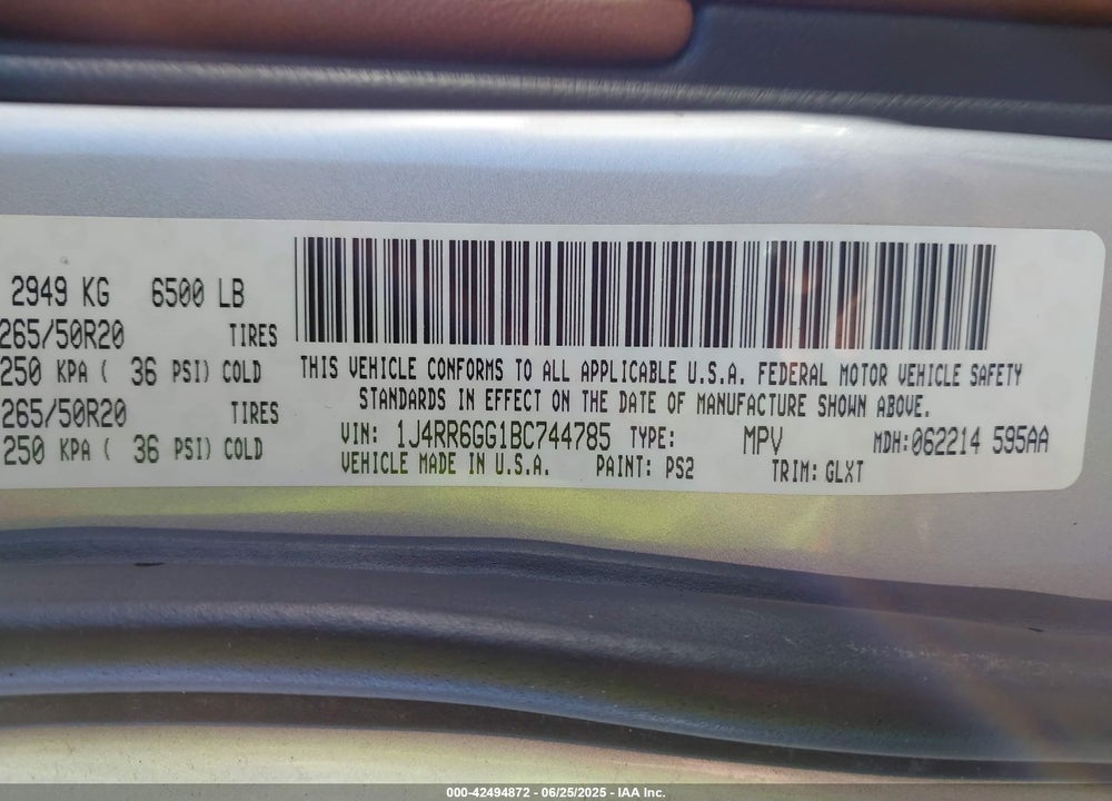 2011 JEEP GRAND CHEROKEE VIN: 1J4RR6GG1BC744785