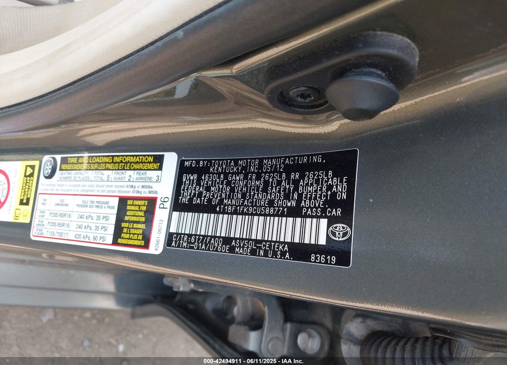 2012 TOYOTA CAMRY L VIN: 4T1BF1FK9CU588771