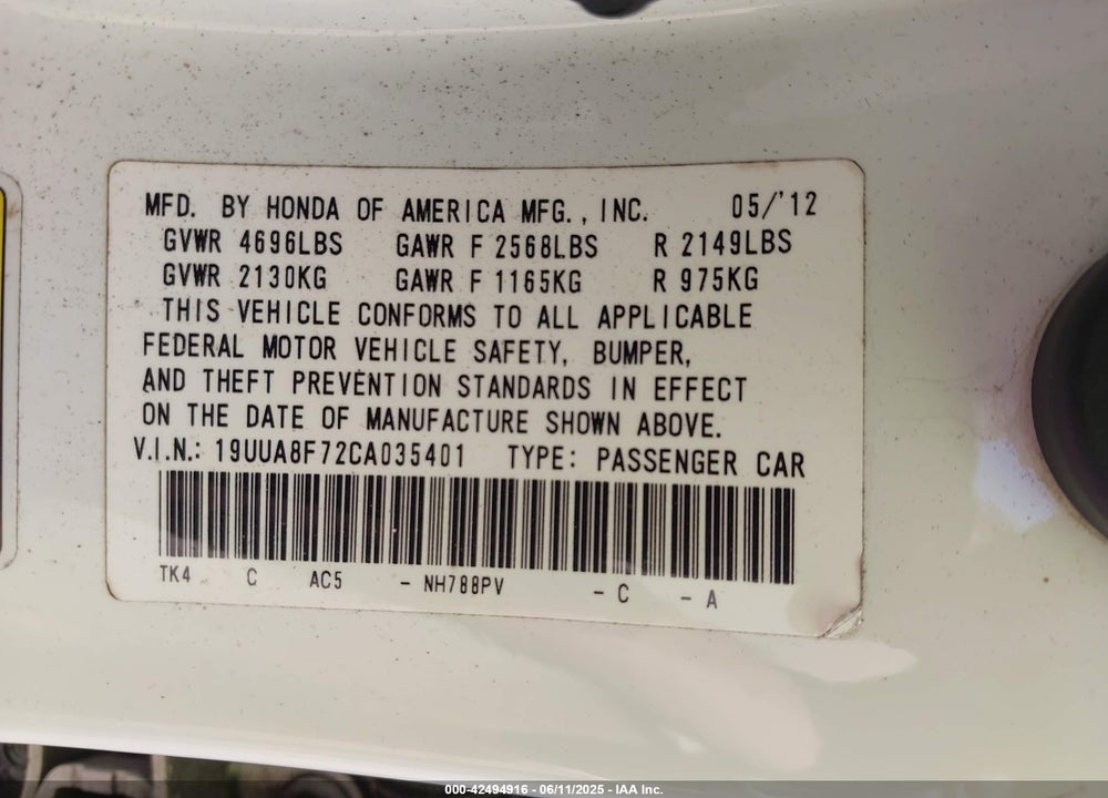 2012 ACURA TL 3.5 VIN: 19UUA8F72CA035401