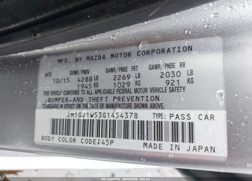 2016 MAZDA MAZDA6 VIN: JM1GJ1W53G1454378