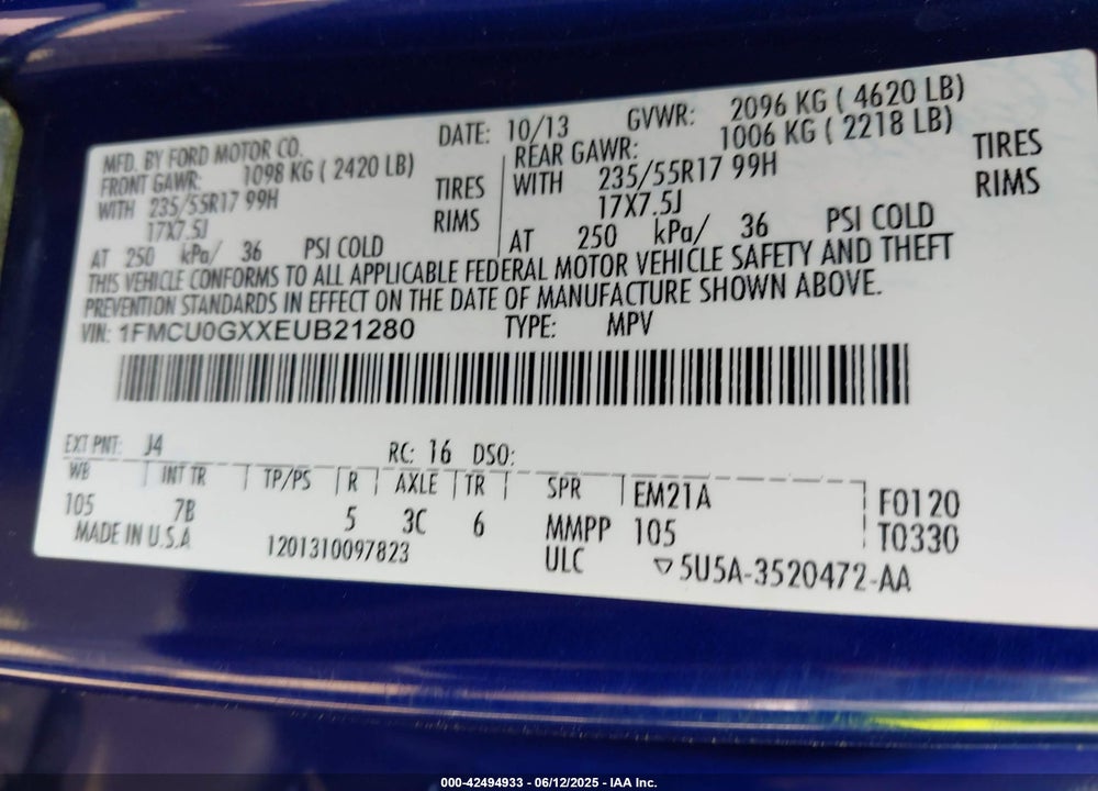 2014 FORD ESCAPE SE VIN: 1FMCU0GXXEUB21280