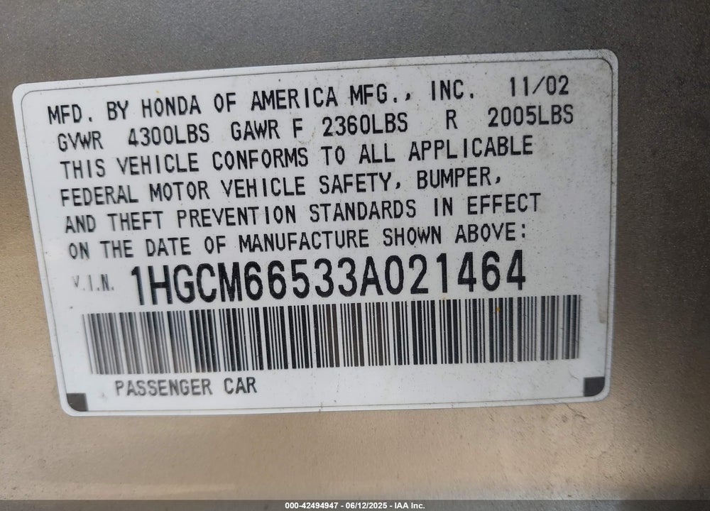 2003 HONDA ACCORD 3.0 EX VIN: 1HGCM66533A021464