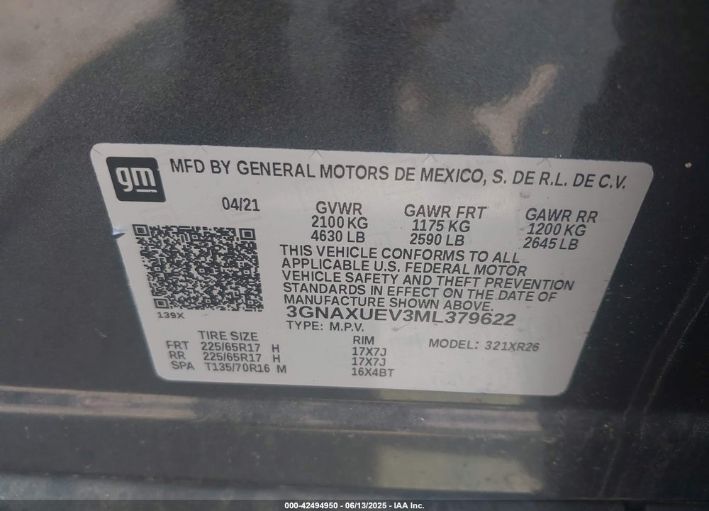 2021 CHEVROLET EQUINOX AWD LT VIN: 3GNAXUEV3ML379622