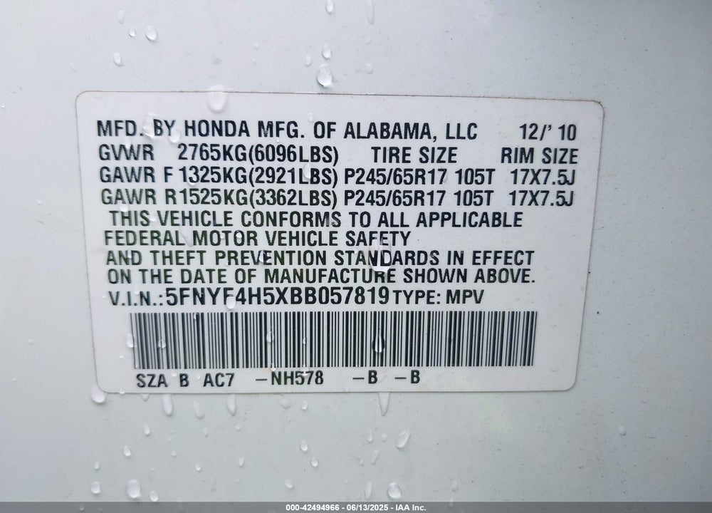 2011 HONDA PILOT VIN: 5FNYF4H5XBB057819