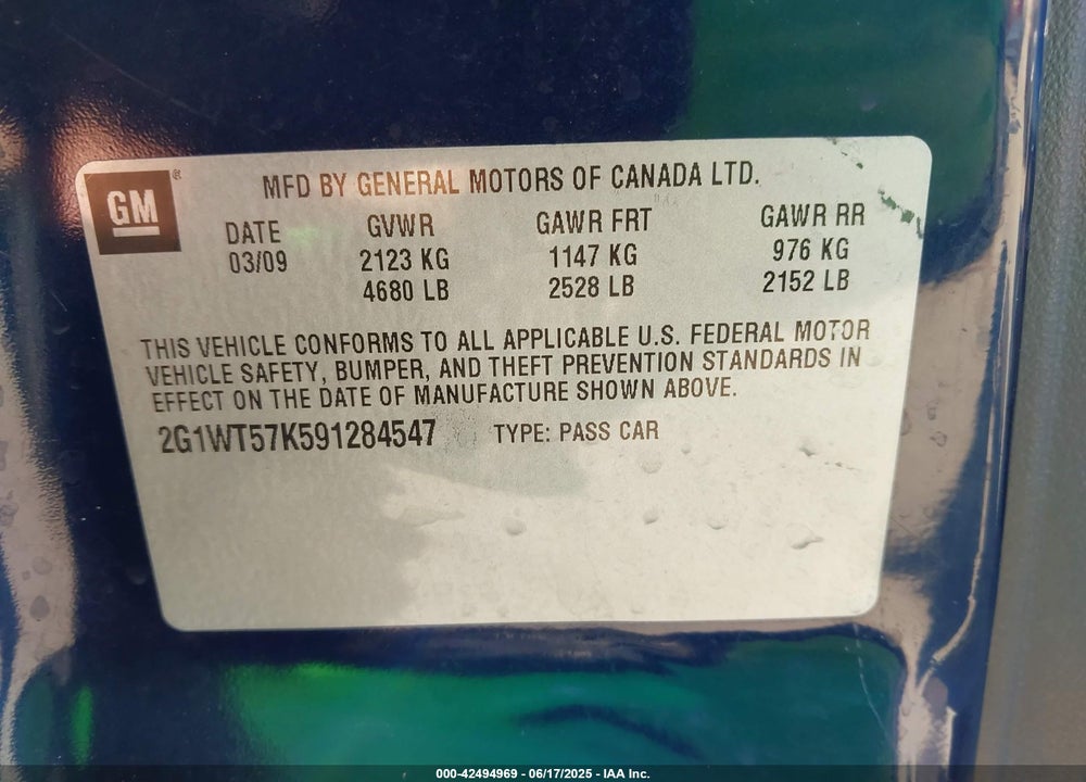 2009 CHEVROLET IMPALA 3.5L LT VIN: 2G1WT57K591284547