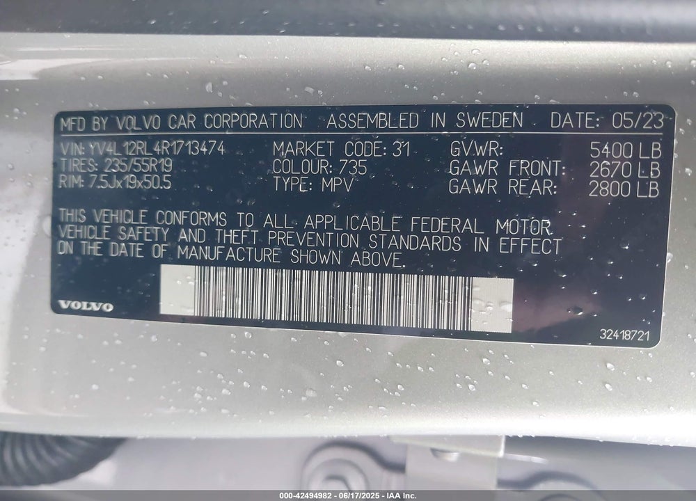 2024 VOLVO XC60 VIN: YV4L12RL4R1713474