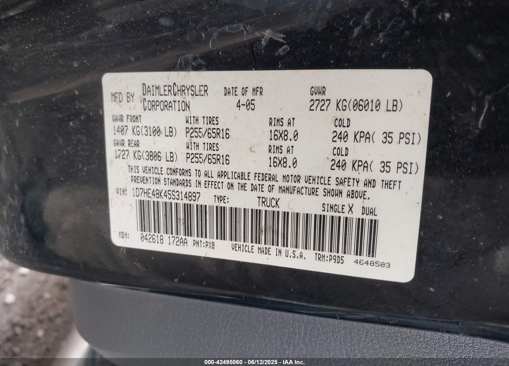 2005 DODGE DAKOTA SLT VIN: 1D7HE48K45S314897