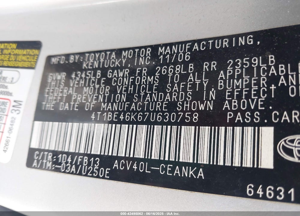 2007 TOYOTA CAMRY VIN: 4T1BE46K67U630758