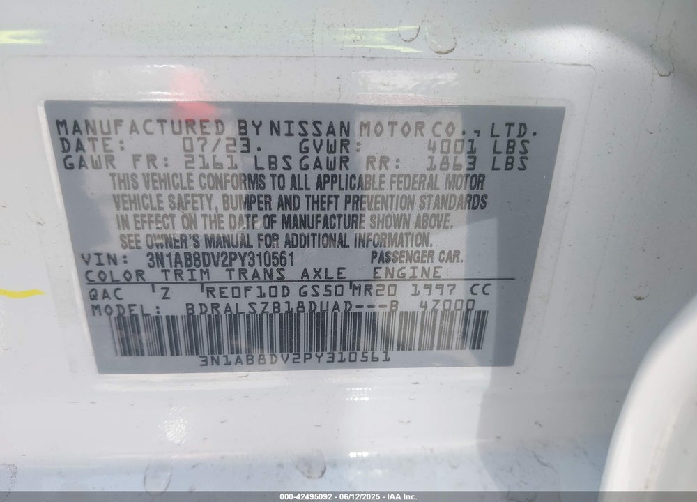 2023 NISSAN SENTRA VIN: 3N1AB8DV2PY310561