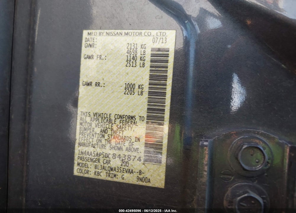 2013 NISSAN MAXIMA VIN: 1N4AA5AP5DC843874