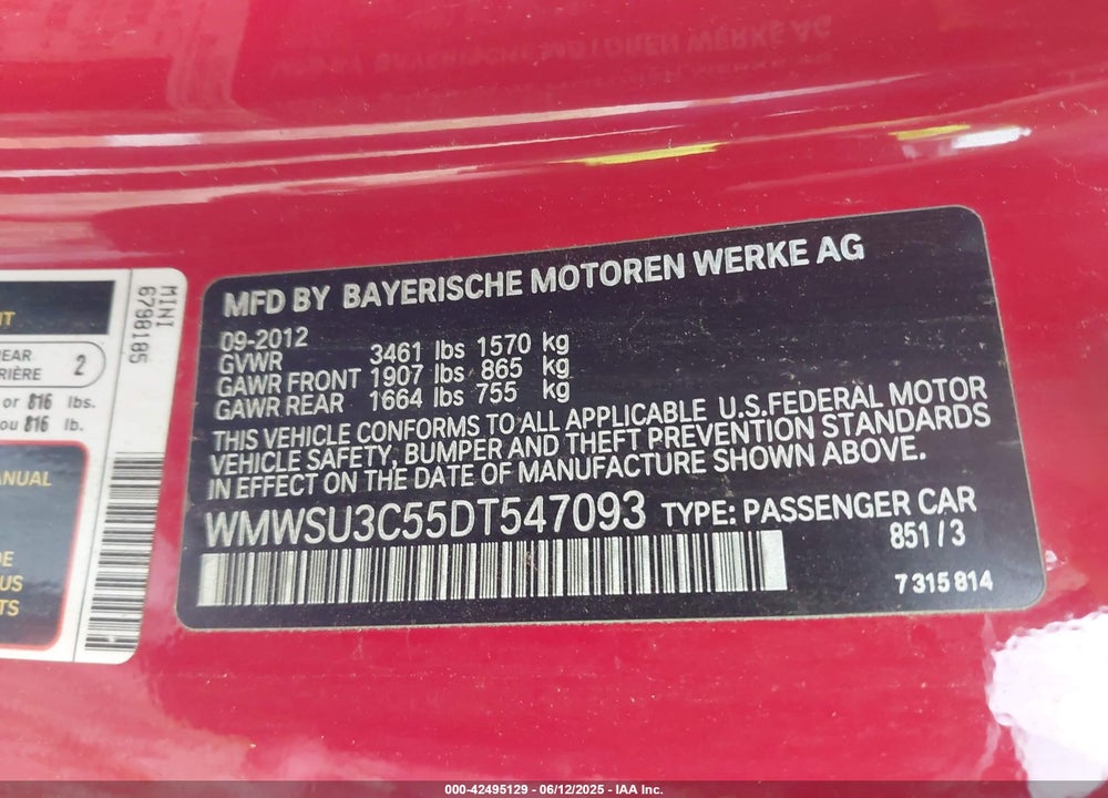 2013 MINI HARDTOP VIN: WMWSU3C55DT547093