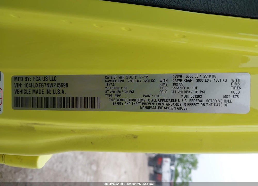 2022 JEEP WRANGLER UNLIMITED VIN: 1C4HJXEG7NW215698