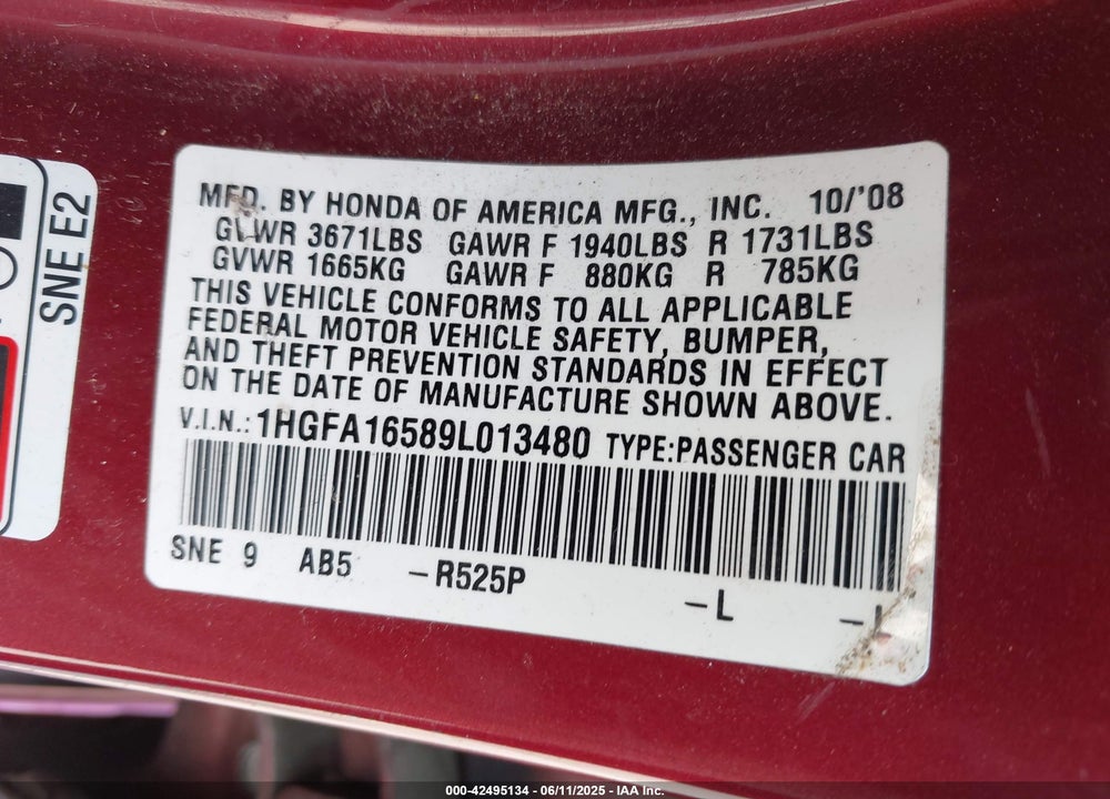2009 HONDA CIVIC LX VIN: 1HGFA16589L013480