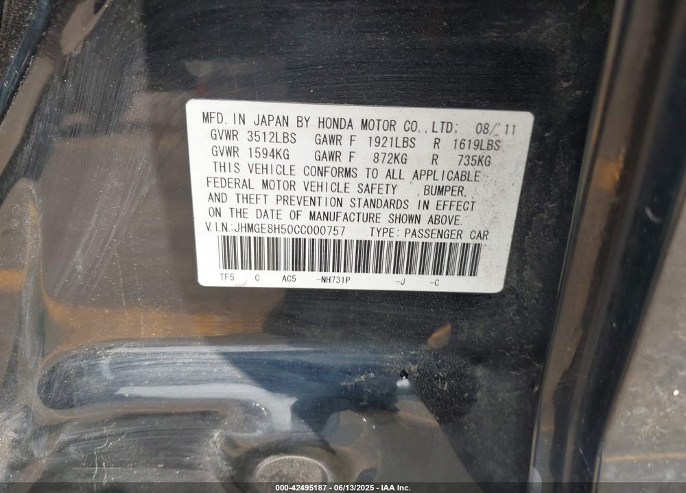 2012 HONDA FIT VIN: JHMGE8H50CC000757