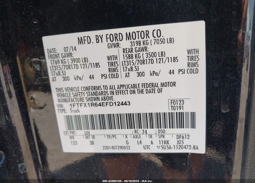 2014 FORD F-150 SVT RAPTOR VIN: 1FTFX1R64EFD12443