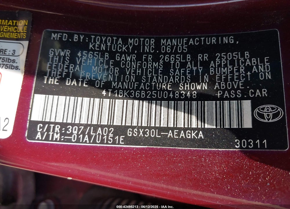2005 TOYOTA AVALON XLS VIN: 4T1BK36B25U048348