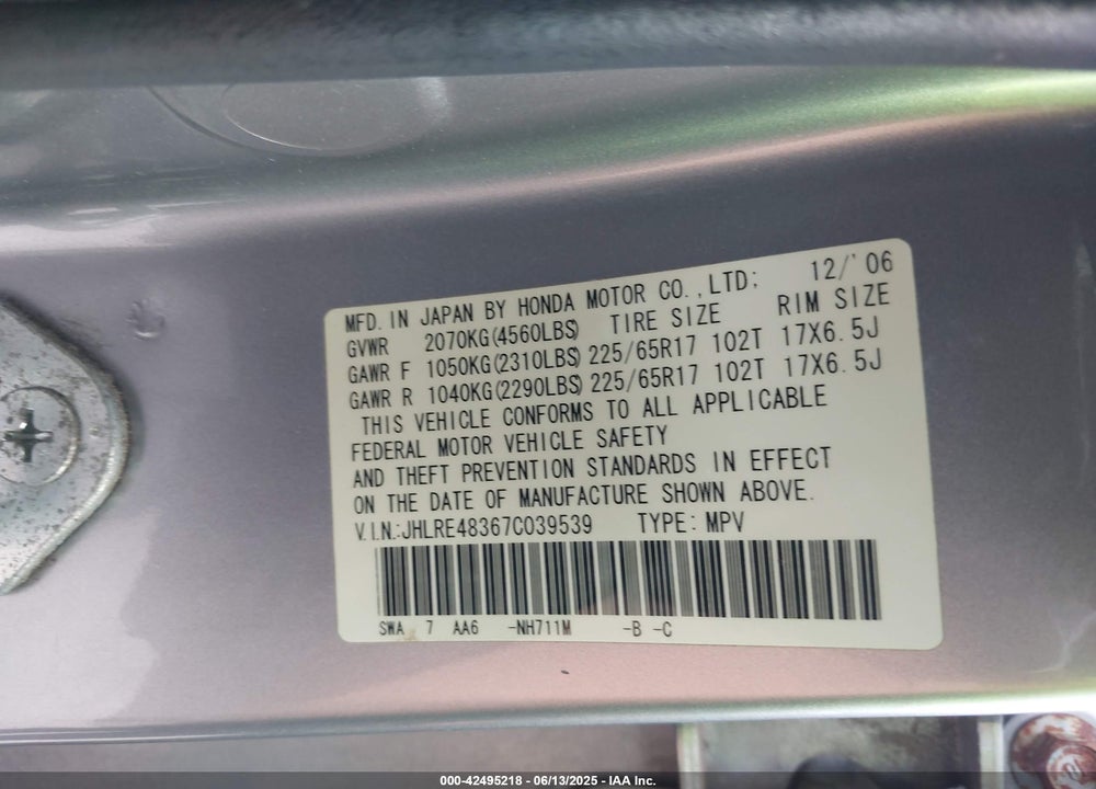 2007 HONDA CR-V LX VIN: JHLRE48367C039539