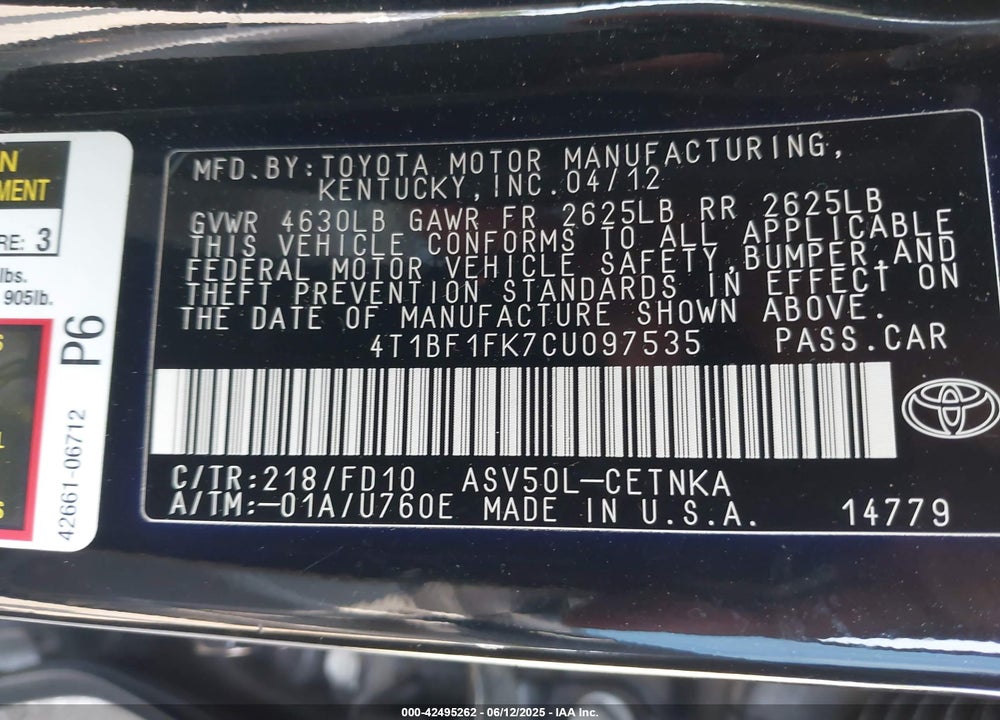 2012 TOYOTA CAMRY VIN: 4T1BF1FK7CU097535