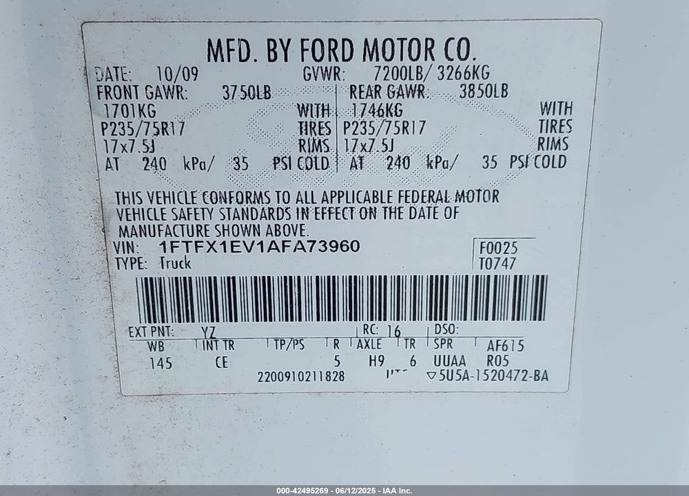 2010 FORD F150 SUPER CAB VIN: 1FTFX1EV1AFA73960