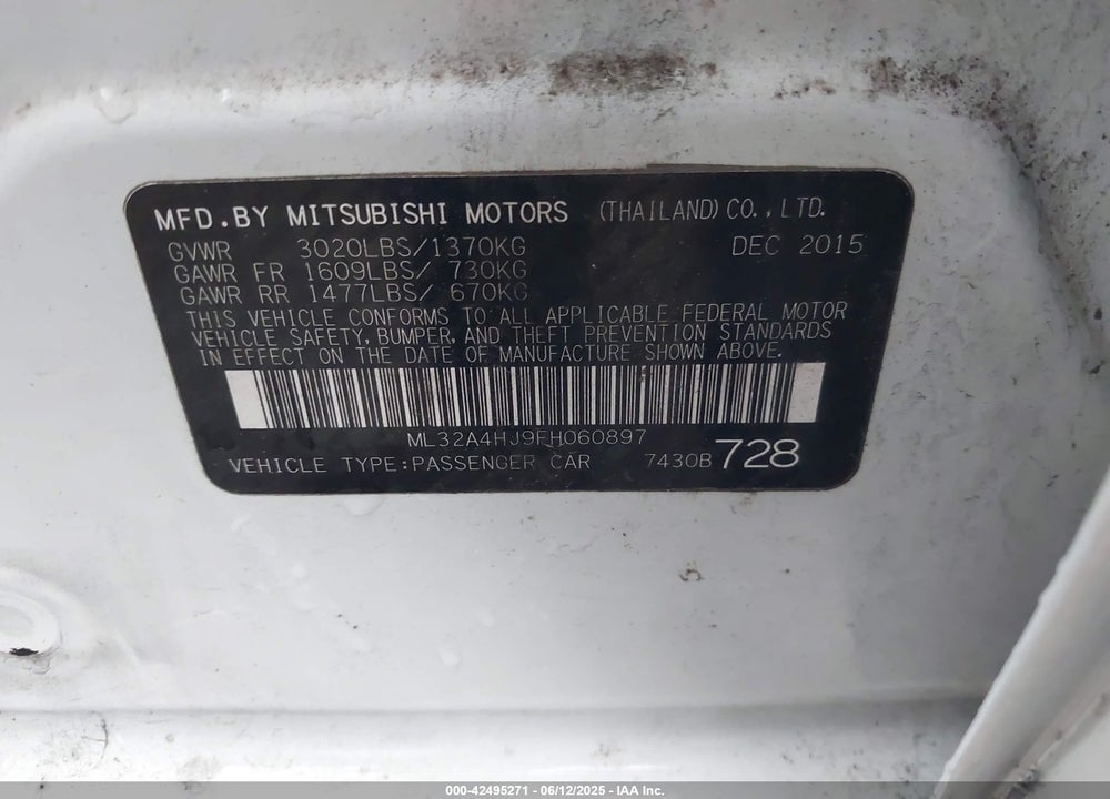 2015 MITSUBISHI MIRAGE ES VIN: ML32A4HJ9FH060897