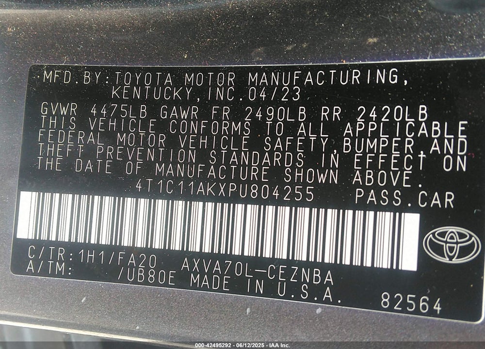 2023 TOYOTA CAMRY VIN: 4T1C11AKXPU804255