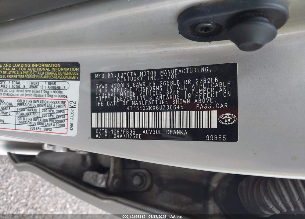 2006 TOYOTA CAMRY LE VIN: 4T1BE32KX6U736645