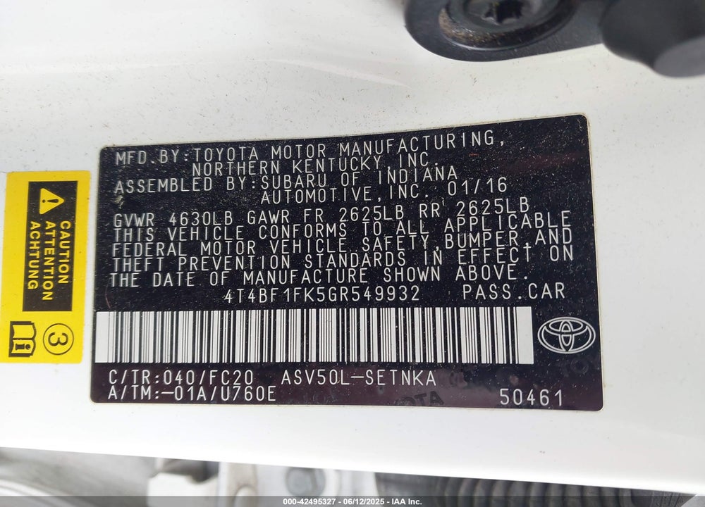2016 TOYOTA CAMRY VIN: 4T4BF1FK5GR549932