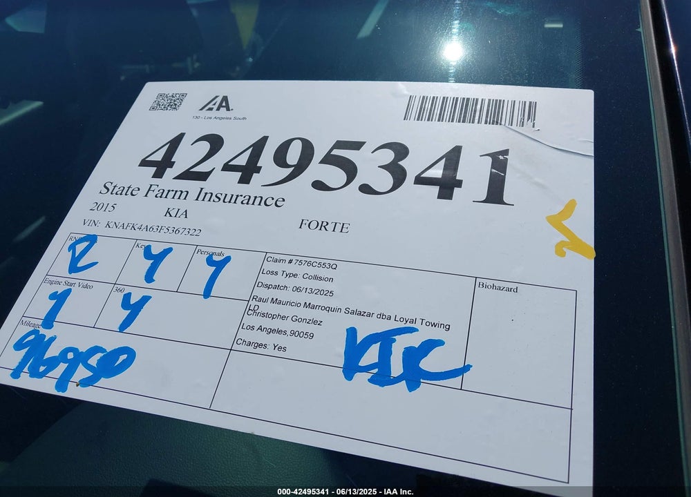 2015 KIA FORTE LX VIN: KNAFK4A63F5367322