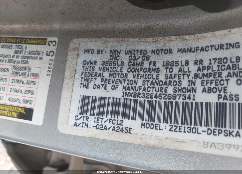 2006 TOYOTA COROLLA VIN: 1NXBR32E46Z697341