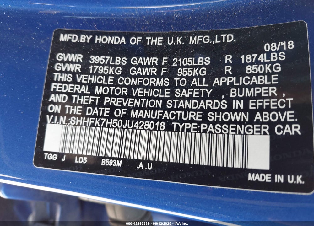 2018 HONDA CIVIC EX VIN: SHHFK7H50JU428018