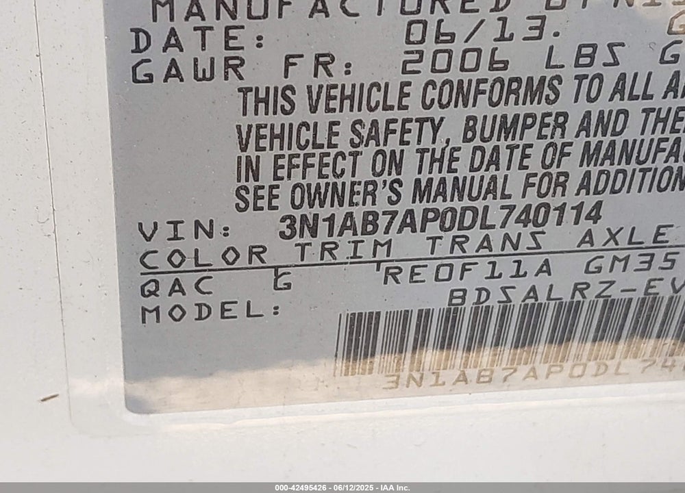2013 NISSAN SENTRA VIN: 3N1AB7AP0DL740114