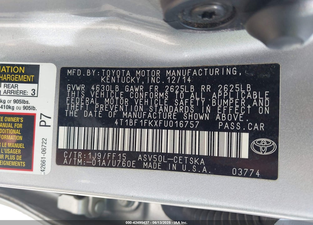 2015 TOYOTA CAMRY VIN: 4T1BF1FKXFU016757