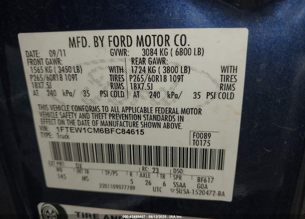 2011 FORD F-150 XLT VIN: 1FTEW1CM6BFC84615