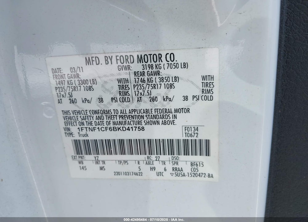 2011 FORD F-150 VIN: 1FTNF1CF6BKD41758