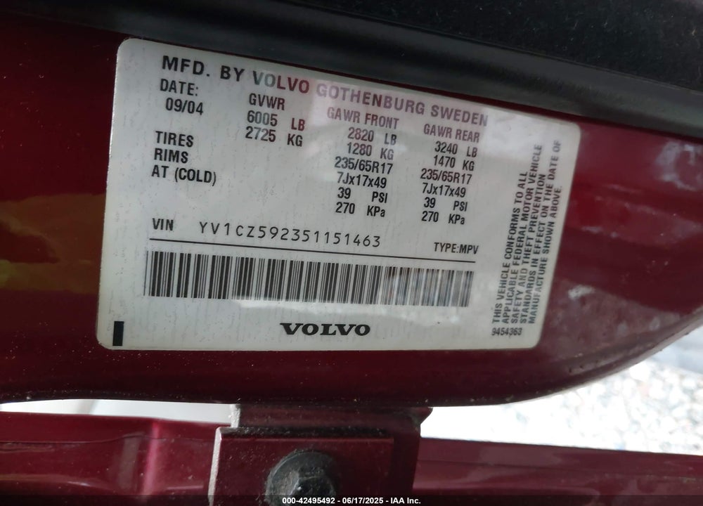 2005 VOLVO XC90 2.5T AWD VIN: YV1CZ592351151463
