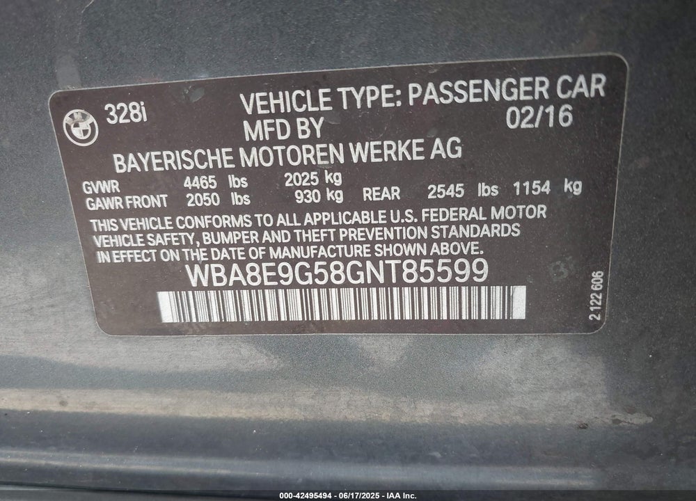 2016 BMW 3 SERIES VIN: WBA8E9G58GNT85599