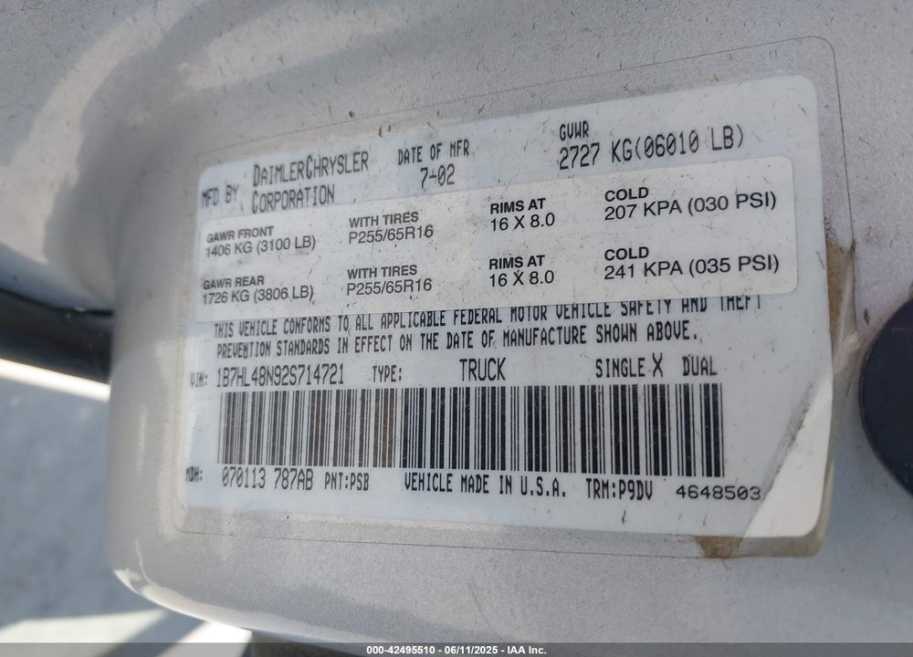 2002 DODGE DAKOTA SLT VIN: 1B7HL48N92S714721