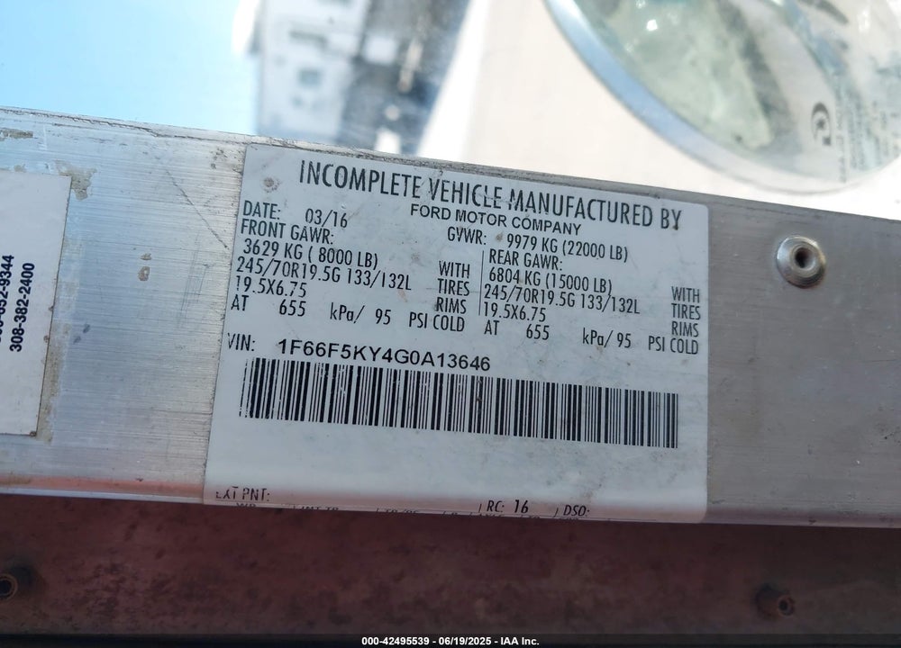 2016 FORD F-59 COMMERCIAL STRIPPED VIN: 1F66F5KY4G0A13646
