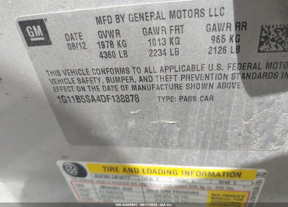2013 CHEVROLET MALIBU 1LS VIN: 1G11B5SA4DF138878