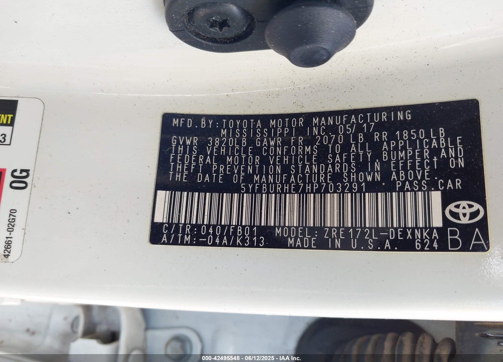 2017 TOYOTA COROLLA VIN: 5YFBURHE7HP703291