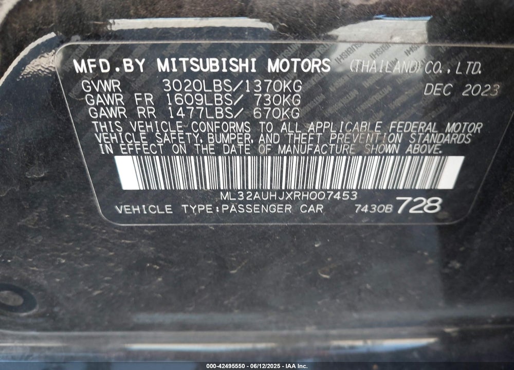2024 MITSUBISHI MIRAGE ES/LE VIN: ML32AUHJXRH007453