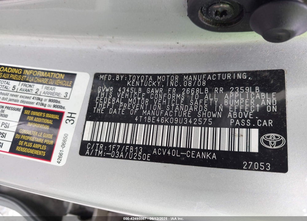 2009 TOYOTA CAMRY VIN: 4T1BE46K09U342575