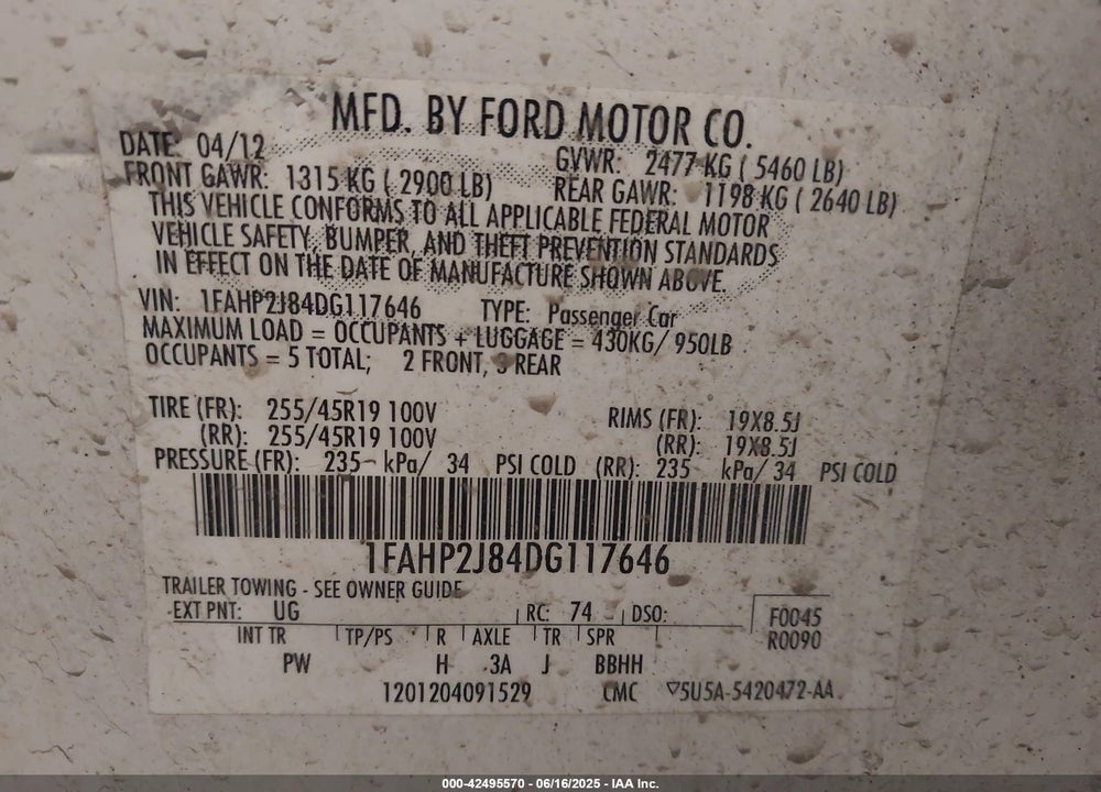 2013 FORD TAURUS LIMITED VIN: 1FAHP2J84DG117646