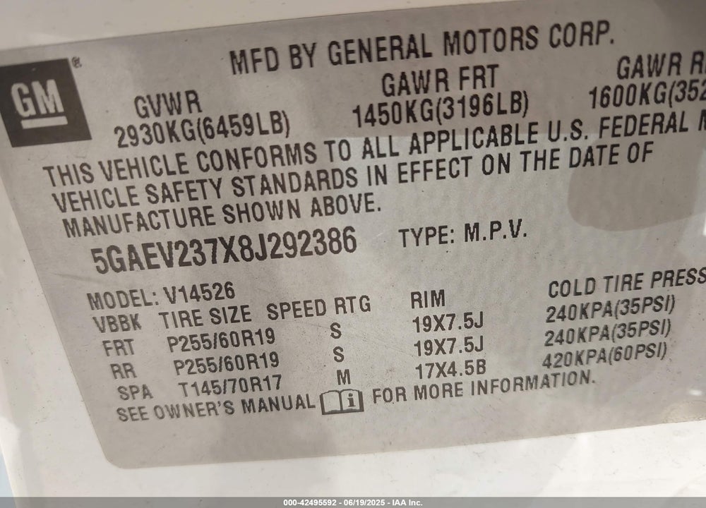 2008 BUICK ENCLAVE VIN: 5GAEV237X8J292386