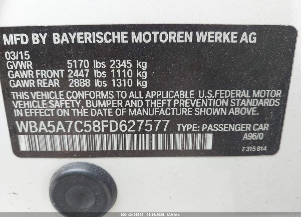 2015 BMW 5 SERIES VIN: WBA5A7C58FD627577